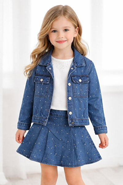 Roya Kitty Girls Sweat Shorts, Skirt and Jacket Girls' Stoned Denim Set 3-Piece