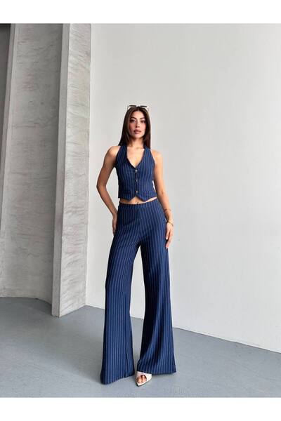 Kadın Çizgili Önden Dügmeli Yelek Crop Pantolon Takım