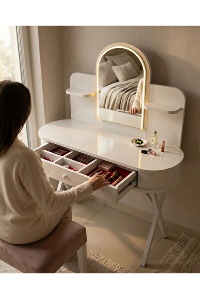 hey modüler mobilya Mira LED Işıklı Aynalı Makyaj Masası Tuvalet Masası Çekme...