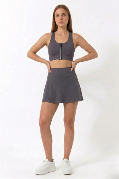 EMFURE Füme Yüksek Bel Çift Katmanlı Mini Etek Tenis Eteği ve Fermuarlı Büstiyer Crop Takım