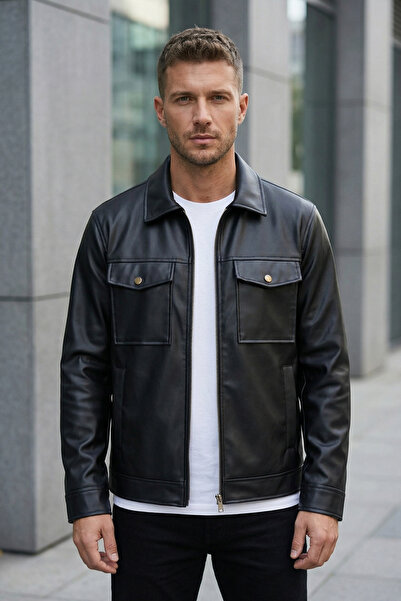 MOVENTO Men's Leather Jacket with Pocket Detail