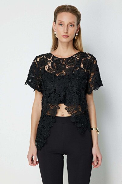 Ekol Asimetrik Kesim Dantelli Bluz