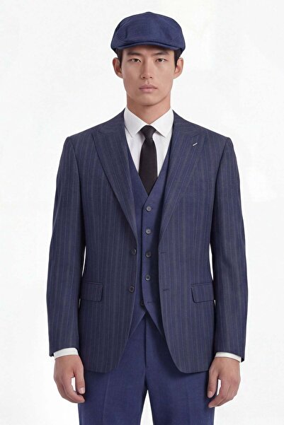 Sabri Özel Giotelli Men's Navy Blue Slim Fit Pointed Collar Patterned Vest an...