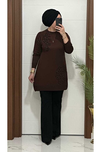 masalabiyem 35301K 100 Brown Leopard Pattern Knitted Tunic