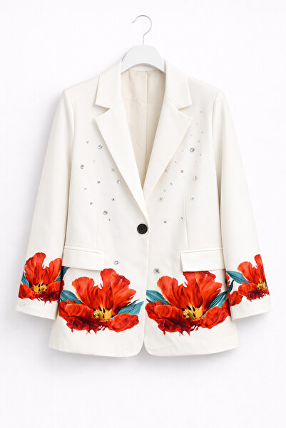 günay boutıque Poppy Patterned Oversized Blazer Jacket with Stone Detail