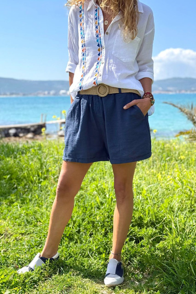 Güneşkızı Ιταλικό Σορτς Ναυτικό Μπλε με Τσέπες και Ζώνη, Λινό, Διπλό Υφαντό, ...