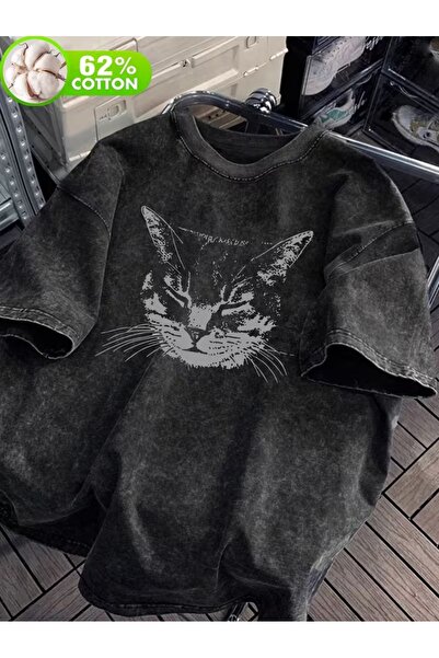 Toum Χαριτωμένο μπλουζάκι με στάμπα γάτας, unisex, που πλένεται, vintage, ove...