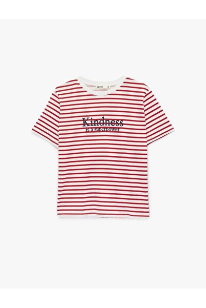 Koton Βαμβακερό ριγέ μπλουζάκι με κοντό μανίκι με λαιμόκοψη