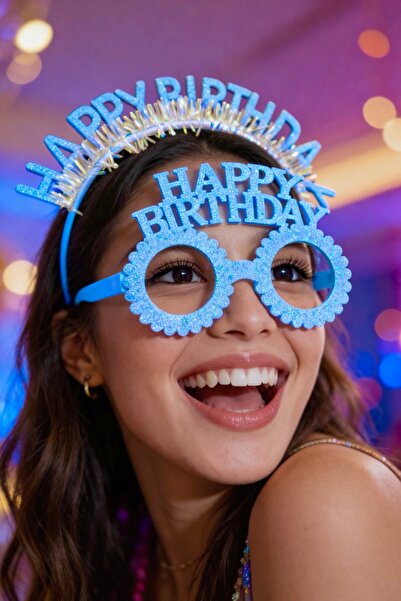 TAKIŞTIR Blue Color Happy Birthday Written Glasses and Crown