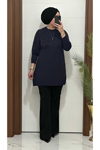 masalabiyem 35301K 100 Dark Blue Leopard Pattern Knitted Tunic