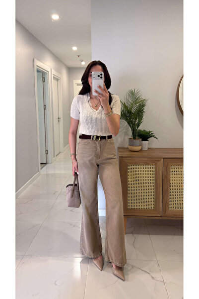 BİRCANÇİL Biolsa Beige Belted Wide Leg Jeans