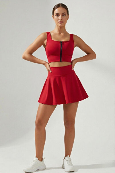 EMFURE Red High Waist Double Layer Mini Skirt Tennis Skirt and Zipper Bustier...