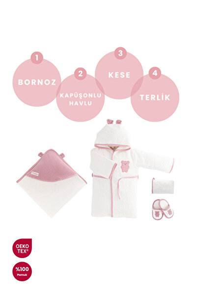 Bebekevi %100 Pamuk OEKO-TEX Bebek Bornoz Ve Havlu Seti 4 lü Hediyelik Set