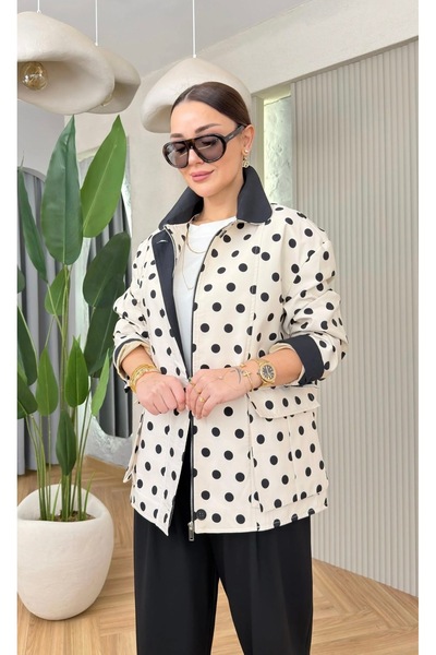 timagna Kadın Ceket Puantiyeli Fermuarlı Dik Yaka Astarlı Dış Giyim Yeni Sezo...