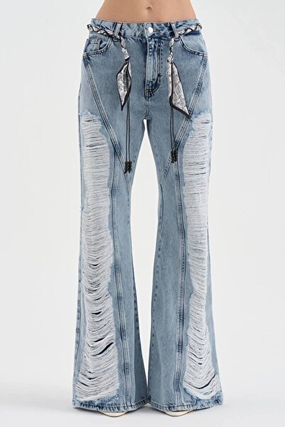 tw3 Дамски испански разкроени дънки с накъсан ефект отпред и дизайн с подвиже...