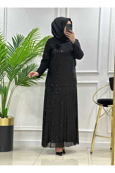 masalabiyem 7129 K 100 Black Rose Brooch with Sequined Skirt Set