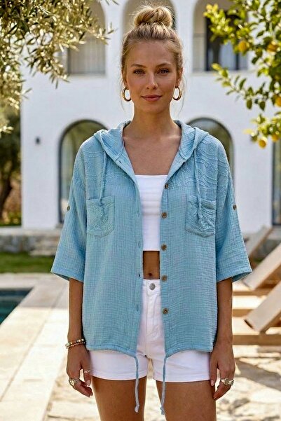 Chiccy Light Blue Hooded Short Sleeve Double Pocket Embroidered Hem Tie Casua...