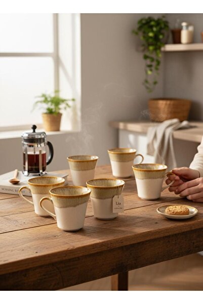Lia Porselen 6'lı Çay ve Kahve Kupa seti 8x8 cm Kahverengi Akıtma file 150 ml