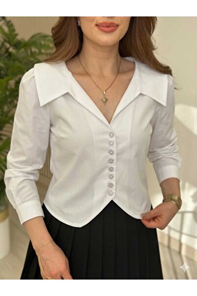 IŞILDA FASHION Stylish White Shirt with Buttons and Stones