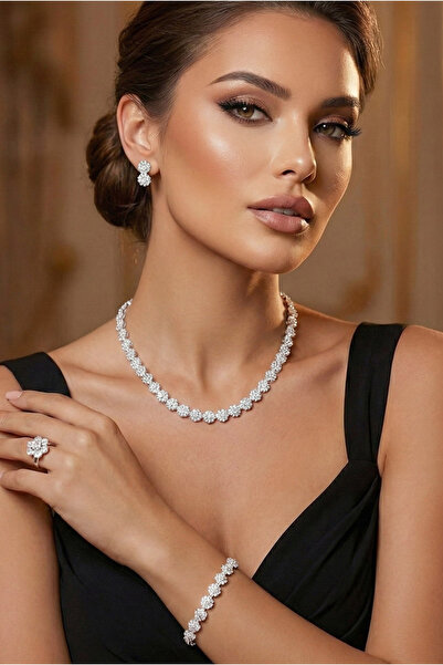 Happyline Zirkon Taşlı Oval Set Takım Hediyelik Hediye Tasarım Gümüş Kaplama ...