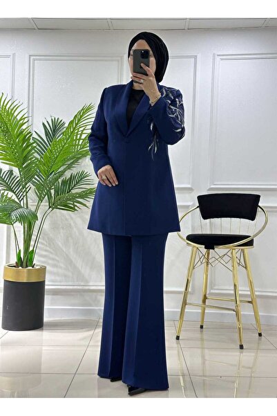 masalabiyem 2752 K200 Indigo Suit with Embroidered Sleeves and Jacket
