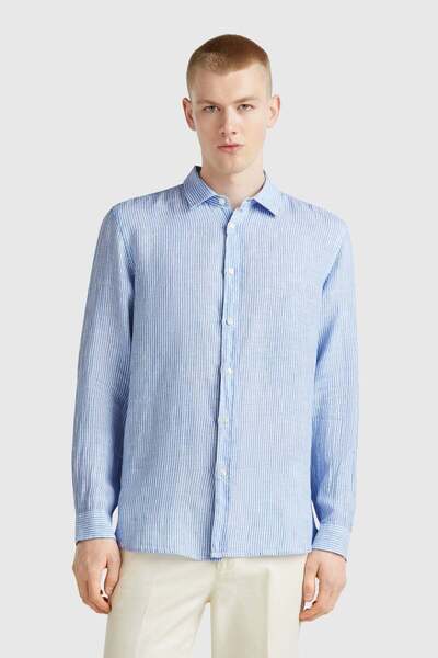 United Colors of Benetton Cămașă de in BNT-M pentru bărbați, albastru deschis...