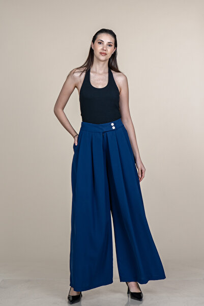 MissVina Ψηλόμεσο υφασμάτινο παντελόνι με φαρδιά μπατζάκια και πιέτες 30367