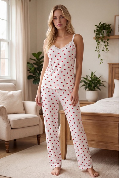 NBB Set pijamale pentru femei, cu mâneci scurte, imprimeu cu inimioare, decol...