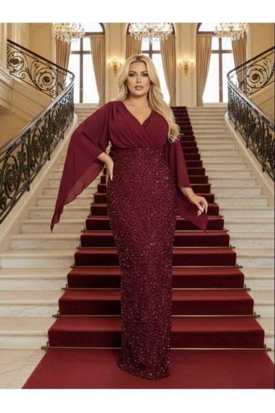 angelino butik Büyük Beden V Yaka Bordo Pelerin Kollu Uzun Abiye Elbise – Işıltılı Şık Davet Elbisesi (40-62 Beden)