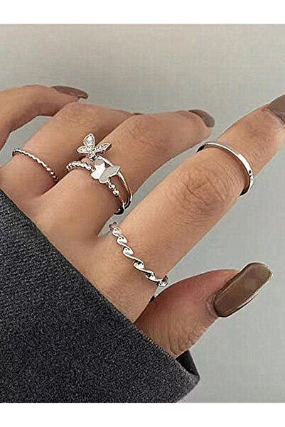 FridayIn 4Pcs Silver Tone Butterfly Stackable Ring Set with Crystal Accents M...