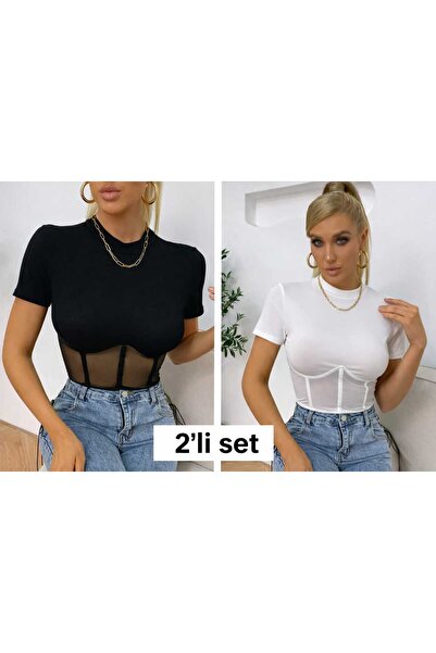 EVOA Women's 2-Piece Crew Neck Tulle Crop & Blouse