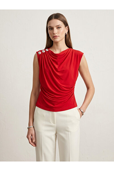 peralist Women's Red Boat Neck Buttoned Sleeveless Sandy Fabric Blouse with D...