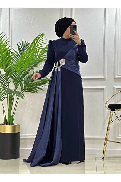 masalabiyem 7109 K 500 فستان سهرة أزرق داكن بخصر فافيلا مرصع بالأحجار