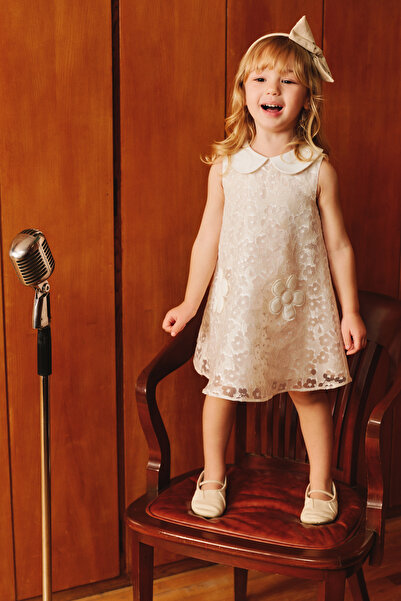 Panço Kız Bebek Çiçek Detaylı Ekru Elbise