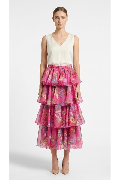 Rabiossa Women's Floral Patterned Multi-Layered Flounce Bohemian Chiffon Skirt