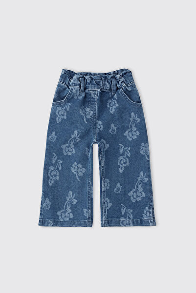 Panço Kız Bebek Çiçek Desenli İndigo Kot Pantolon