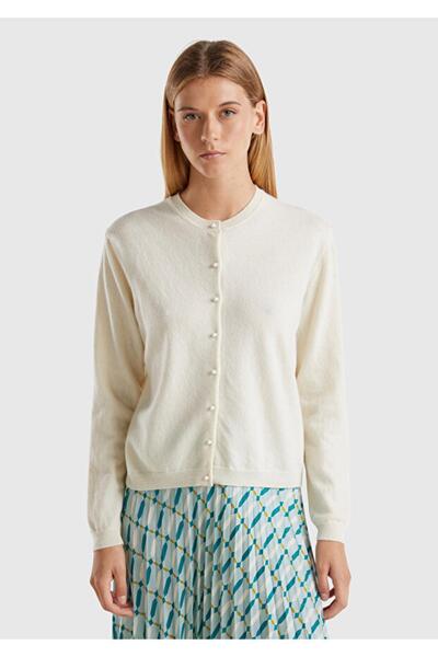 United Colors of Benetton 100% Merino Crew Neck Cardigan with Pearl Buttons M...
