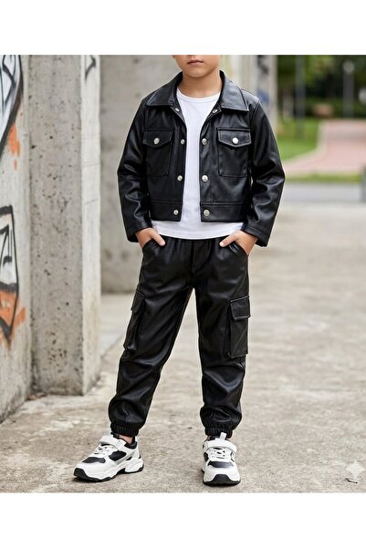 shop Erkek çocuk 2 li kombin suni deri ceket pantolon