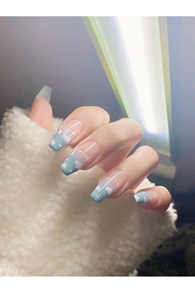 FridayIn Pink Blue Gradient Cloud False Nails with Star for Women
