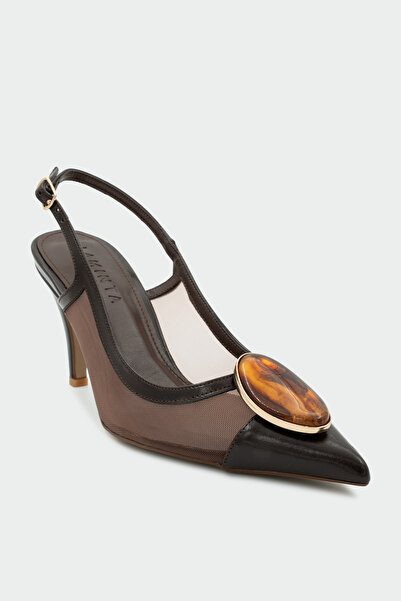 LAMİNTA حذاء نسائي بكعب عالٍ من Clis Accessory باللون البني الحار مع تفاصيل م...