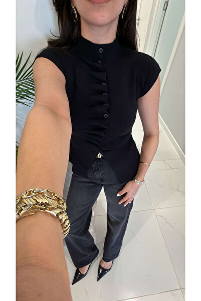 BİRCANÇİL Dionla Black Self-Tie Sleeveless Cardigan