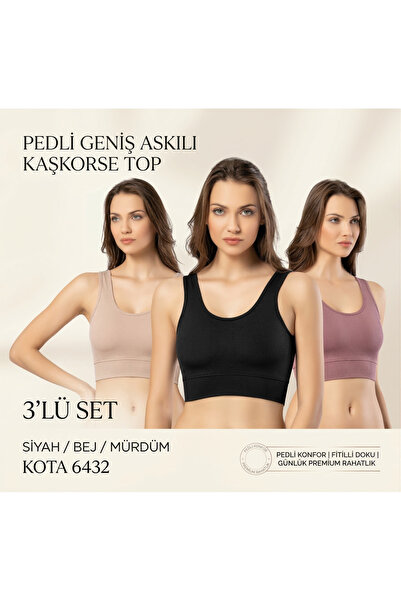 KOTA 3'Lü Kadın Büstiyer- Dalgıç Kumaş Pedli Fitilli Crop