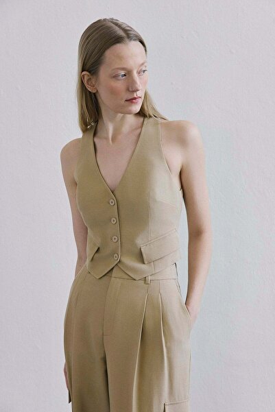 rue Keten Karışımlı Crop Camel Yelek