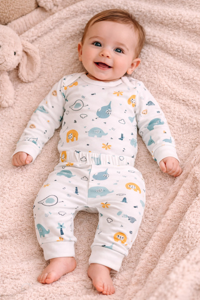 Süpermini Bulut Anne-Snap Fastener Bodysuit & Bottom Pajama Set for Two Girls...