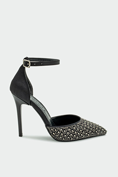 LAMİNTA حذاء تاليا ذو كعب عالٍ للنساء مصنوع من الساتان الأسود مع تفاصيل حجرية...