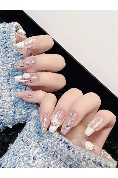 FridayIn Pink French Nails with 3D Flowers Rhinestones False Nails for Elegan...