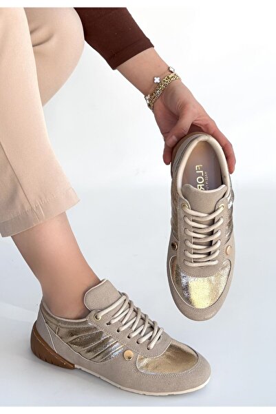 Zerenyus Jawen Premium Beige Nubuck Gold Sports Shoes