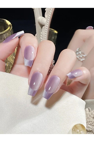 FridayIn Purple White Gradient French Short Square False Nails for Women