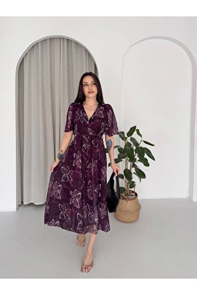 Kiki Kruvaze Bağlamalı Çiçek Desenli Siyah Şifon Elbise