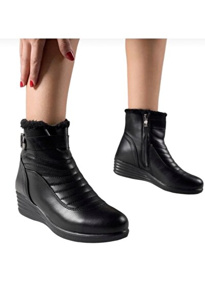 Trendline Women's Black Fur-Lined Zippered Wedge-Heeled Comfortable Sole Comf...